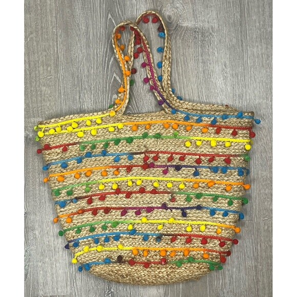 Circus Sam Edelman Tote Jute Beach Bag Rainbow Pom Boho Resort Shopping Festival - Picture 2 of 9